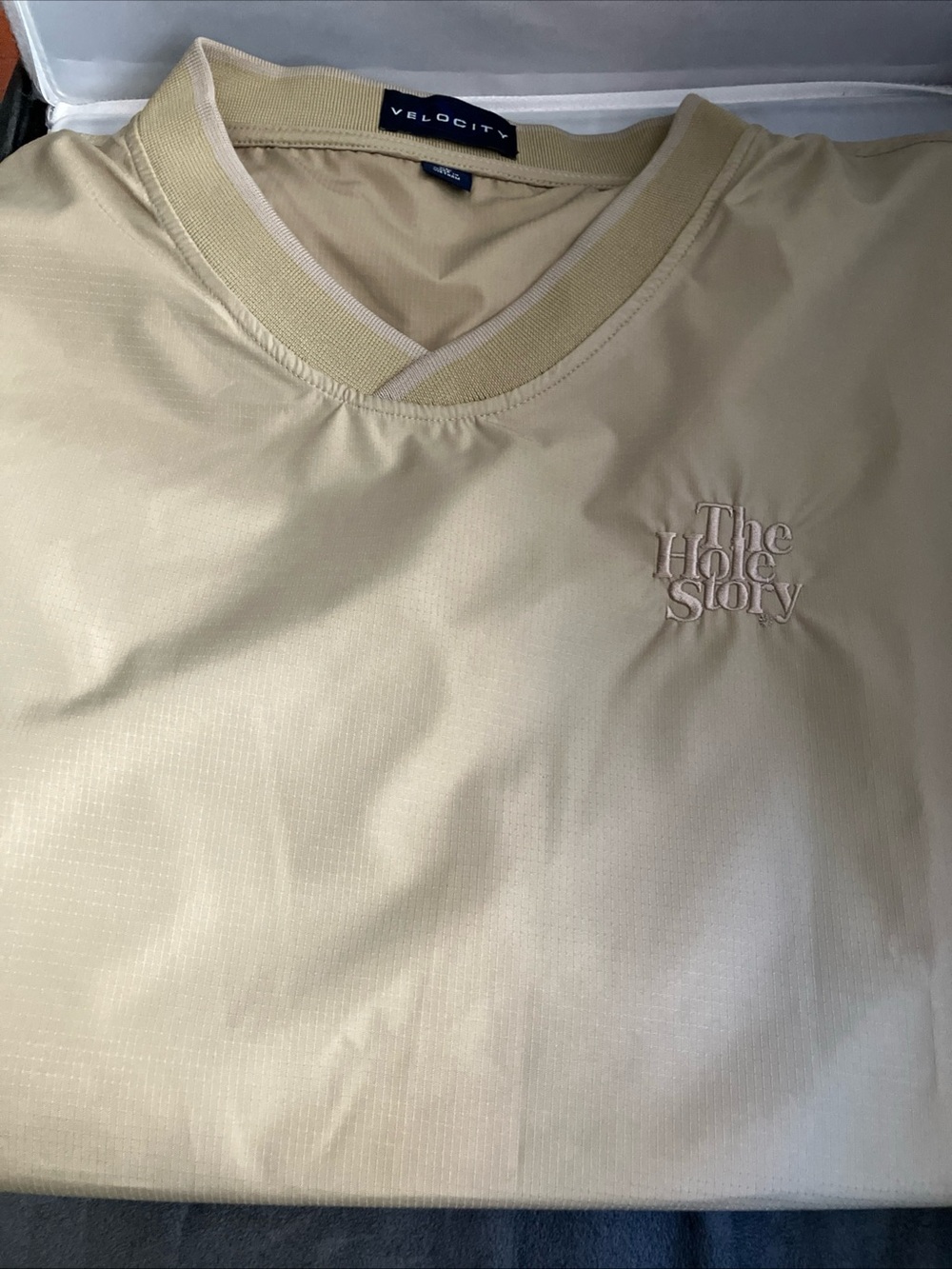Velocity Men’s Light Beige V-Neck Shirt with 'The Hole Story' Embroidery